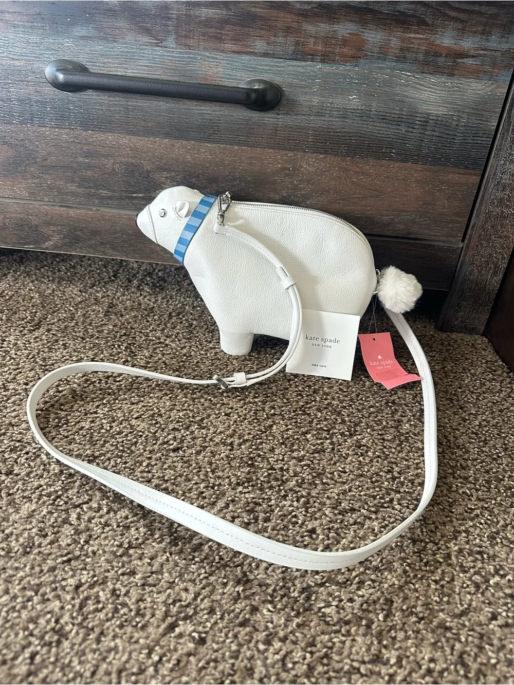 kate spade White Polar Bear Crossbody Bag with Blue Scarf